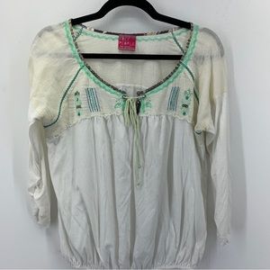 Free‎ People Womens small Blouse  Embroidered Boho Ruched Lightweight Peasant